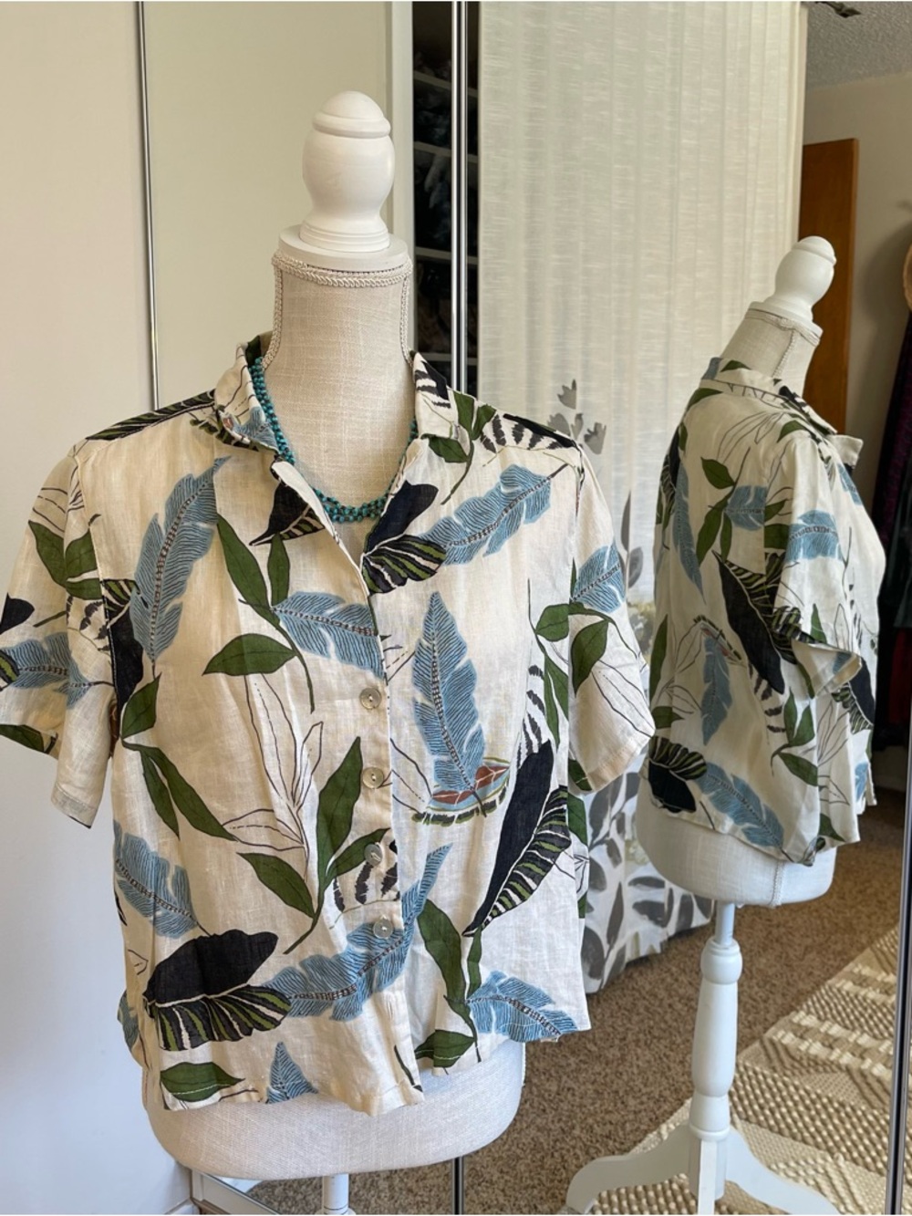 Linen Cream Button-Front Shirt with Blue and Green Leaf Print - Picture 2 of 6